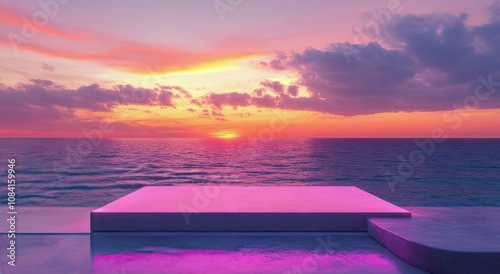 A vibrant sunset over the ocean with glowing platform near the shore during g...