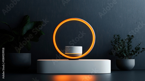 A modern minimalist interior design features a glowing orange neon ring light on a sleek white stand, with two large potted plants on either side in a dark room.