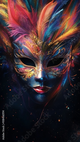 Colorful masquerade mask adorned with feathers and vibrant details on a dark ...