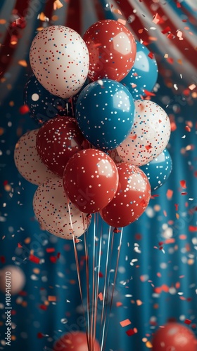 Colorful balloons and confetti celebrate a joyful festival under a big top tent