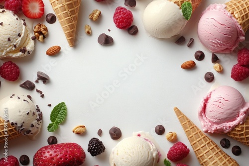 Assorted ice cream scoops and toppings arranged creatively on a white surface