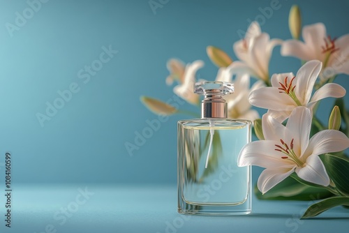 Elegant perfume bottle beside beautiful white lilies on a soft blue backgroun...