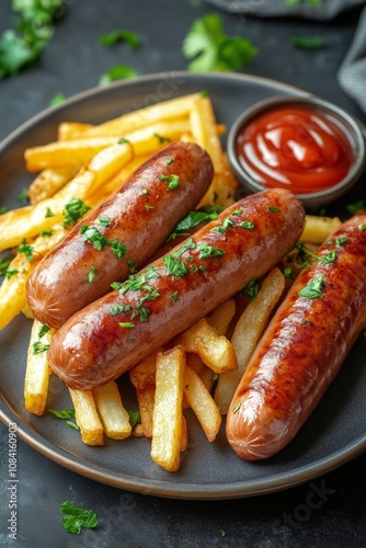 Grilled sausages served with crispy fries and ketchup on a restaurant plate
