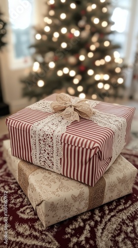 Gifts wrapped beautifully near a decorated Christmas tree in a cozy living room