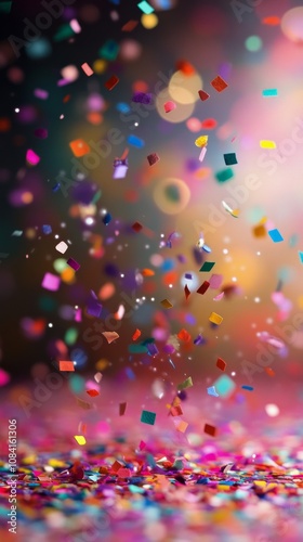 Colorful confetti falling against a blurred background during a festive celeb...