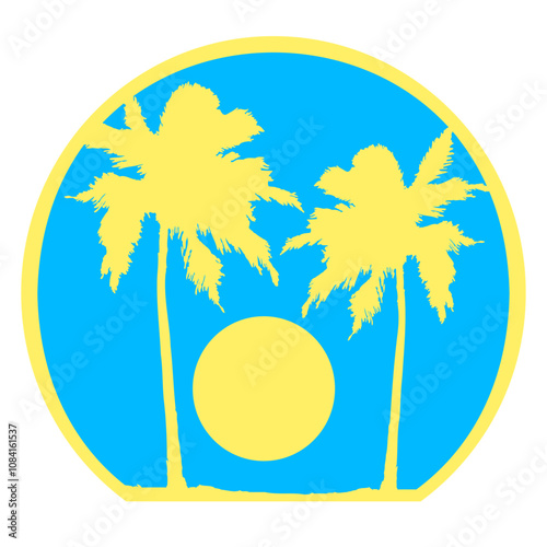 Two Palm Trees Island Sun Sunset Round Sunrise Fun Fun Vacation South Seas Tropical Warm Weather Caribbean Nature Lover Summer Holiday Life Isolated T-Shirt Poster Sticker Print Illustration Design