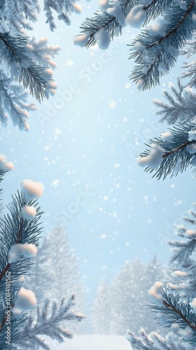 Beautiful winter scene with sparkling ornaments hanging from frosted pine bra...