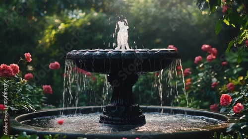 A tranquil fountain surrounded by vibrant flowers in a serene garden during d...