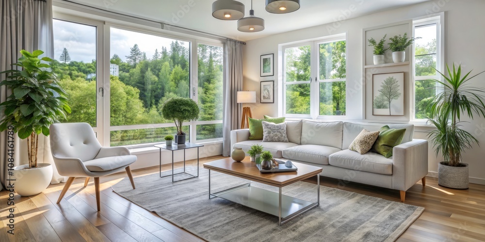 Naklejka premium Modern Living Room with Green Accents, White Sofa, Two Lamps, Gray Rug, Floor to Ceiling Windows, and Wood Floor, living room