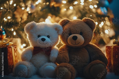 Two knitted bears sit by a Christmas tree surrounded by presents and holiday decorations