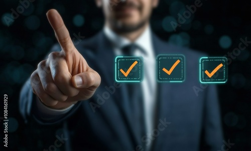 Business professional checking tasks off a digital checklist in an office set...