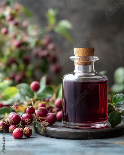 Glass jar of rosehip syrup surrounded by fresh berries and leaves