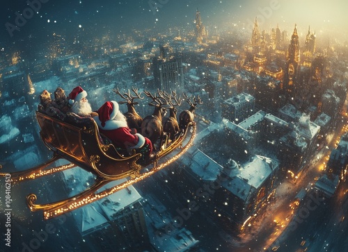 Santa flying through a snowy city on a sleigh with reindeer during the holida...
