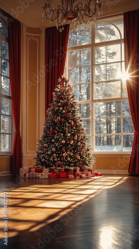 A beautifully decorated Christmas tree shines in a cozy room with sunlight st...