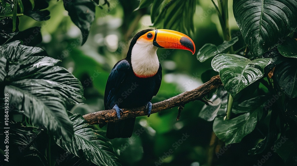 Obraz premium A vivid toucan perched on a tree branch amidst lush green foliage