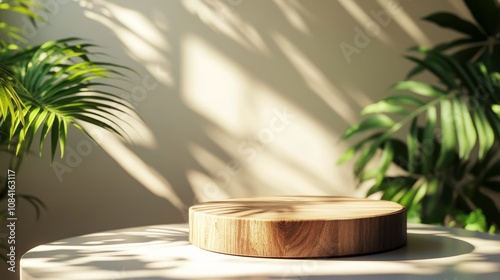 Beautifully designed wooden platform surrounded by vibrant green plants in na...