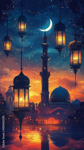 Serene twilight view of a mosque silhouette against a vibrant sunset with sta...