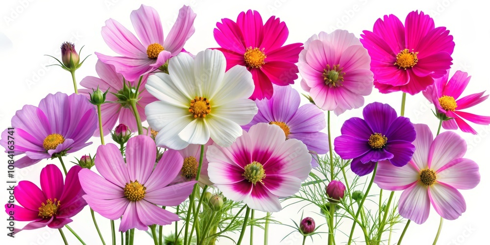 Fototapeta premium Cosmos Flower Bouquet - A Close-Up Perspective of Delicate Pink, White, and Purple Blossoms, Flower Photography, Garden Bloom, Nature Beauty, Cosmos Flowers