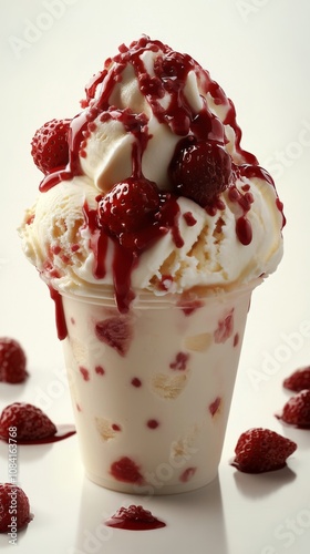 Delicious strawberry ice cream sundae with whipped cream and raspberry sauce ...