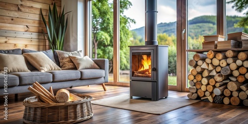 Cozy Fireplace Interior with Wood Stove and Natural Light, fireplace ,wood stove ,interior design photo