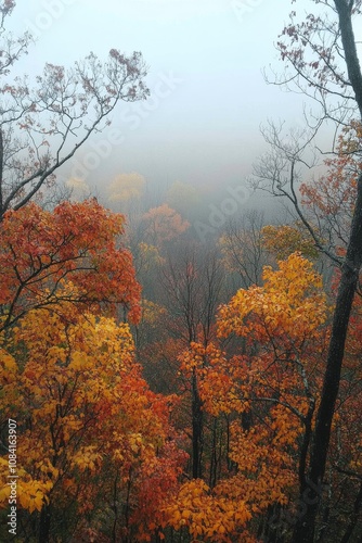 Autumn foliage in vibrant colors over a misty forest landscape in early morni...