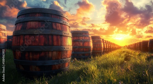 A row of wooden barrels aligned in a vineyard at sunset, showcasing natural b...