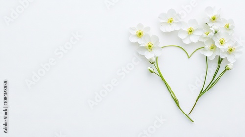   A heart-shaped arrangement of white flowers on a white background with copy space in between