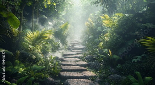 Steps leading through a lush, foggy jungle filled with vibrant greenery and t...