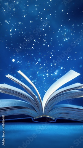An open book illuminates a starry sky, inviting imagination and wonder in a s...