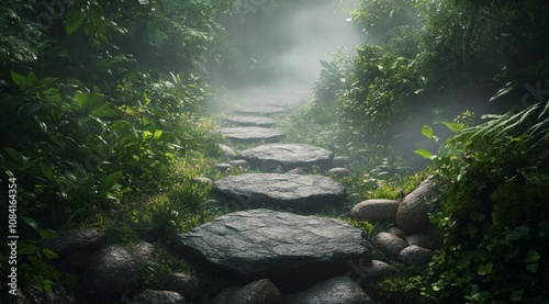 Steps leading through a lush, foggy jungle filled with vibrant greenery and t...