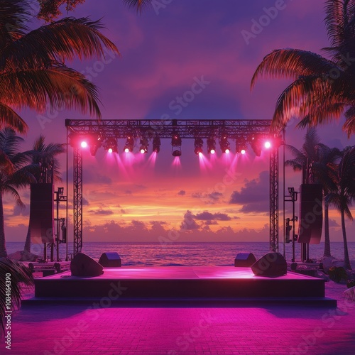 A vibrant sunset illuminates a concert stage on a tropical beach surrounded b...