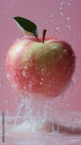 Fresh apple surrounded by water bubbles against a pink background during a br...