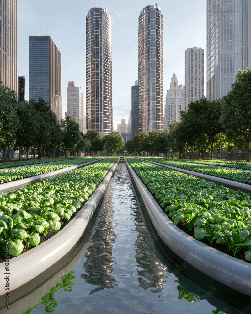 Fototapeta premium Urban farming initiative downtown city park landscape photography modern architecture low angle sustainable agriculture concepts