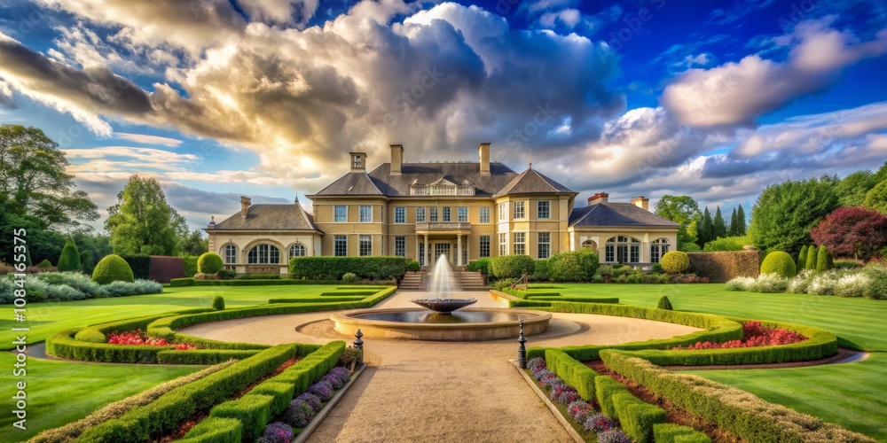 Obraz premium A Grand Estate Under a Dramatic Sky, with a Fountain and a Formal Garden, Architectural Elegance, Landscaping Design, Luxury Home