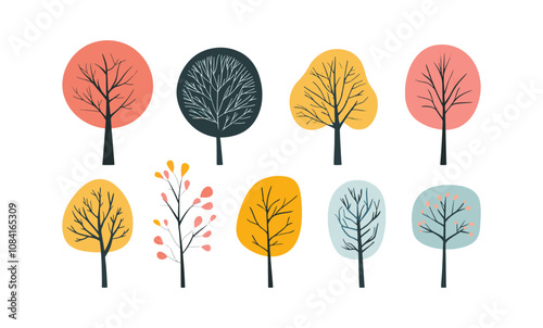 Set of tree and leaf collection hand drawn flat design vector element. botanical set of bare trees and ones with leaves and lush green