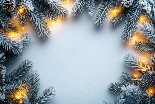 Winter decorations featuring snow covered pine branches and warm lights surro...