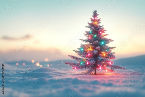 A beautifully decorated Christmas tree with lights glowing in a snowy landsca...