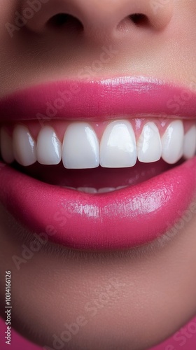 Healthy, bright smile showcasing even teeth and pink gums in a close up view