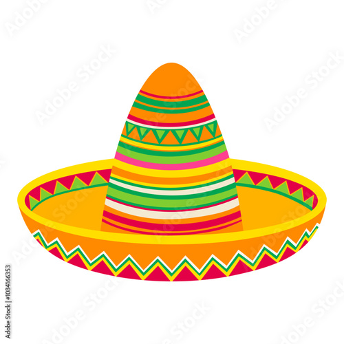 A colorful sombrero with a green stripe. The sombrero is orange and yellow. It is a hat