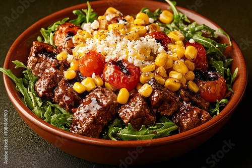 Delicious salad with beef, corn, tomatoes, and arugula in a brown bowl. photo