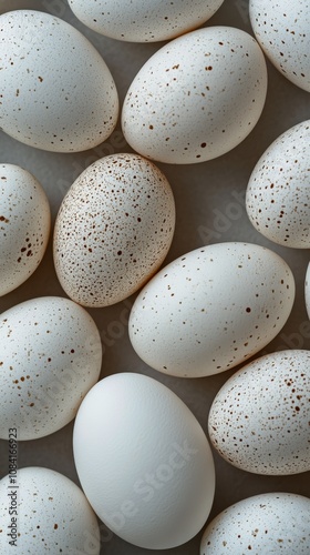 A collection of white eggs arranged neatly on a light background during dayli...