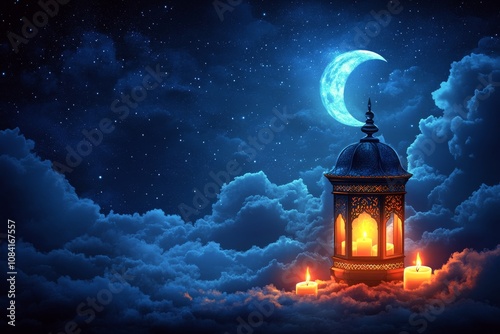 A serene night with glowing lanterns and a crescent moon over tranquil dunes