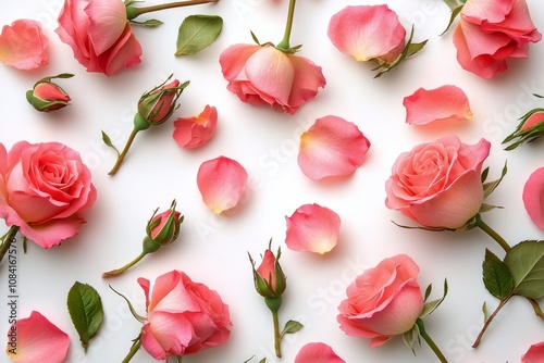 A beautiful arrangement of pink rose petals and blooms on a soft surface in n...