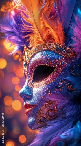 Colorful elaborately designed mask with feathers worn during a carnival celeb...