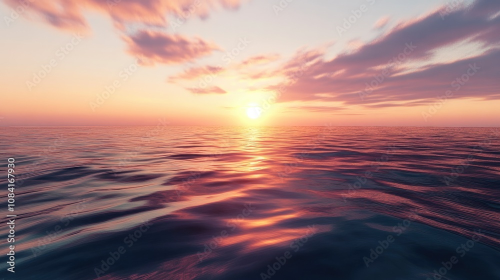 Obraz premium Stunning sunset reflected in smooth sea, creating a tranquil scene with sky colors melting into water
