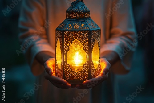 A person holding a beautifully designed lantern glowing warmly in a dimly lit...