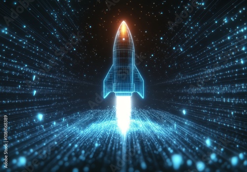A futuristic rocket launches into a cosmic digital landscape filled with glow...