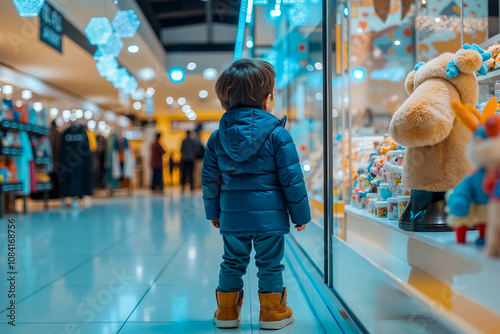 A small child standing in front of a store window looking at stuffed animals photo