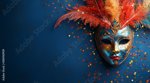 Colorful masquerade mask with feathers and confetti on vibrant blue background