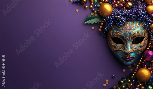 Colorful decorated mask surrounded by vibrant beads during a festive celebration